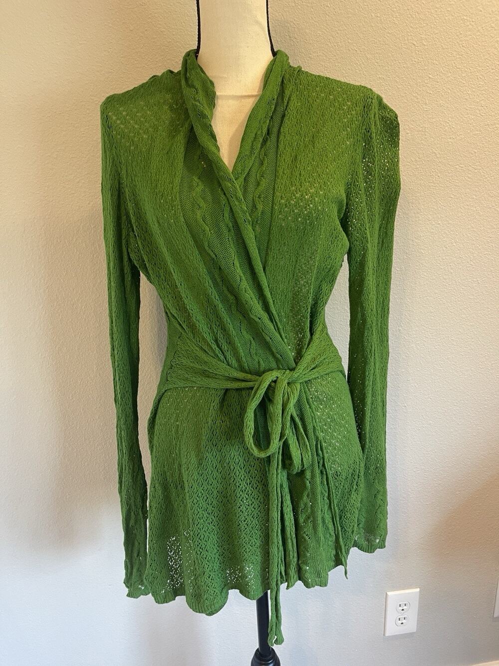 Anthropologie Knitted & Knotted Large Green Open-knit Crochet Cardigan Tie